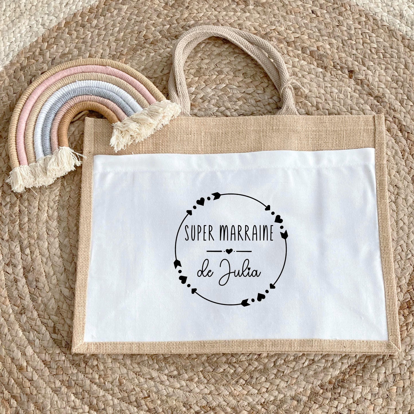 Sac en jute et coton personnalisé, Super Marraine, Sac cabas personnalisé, Sac personnalisé, Cadeau Marraine