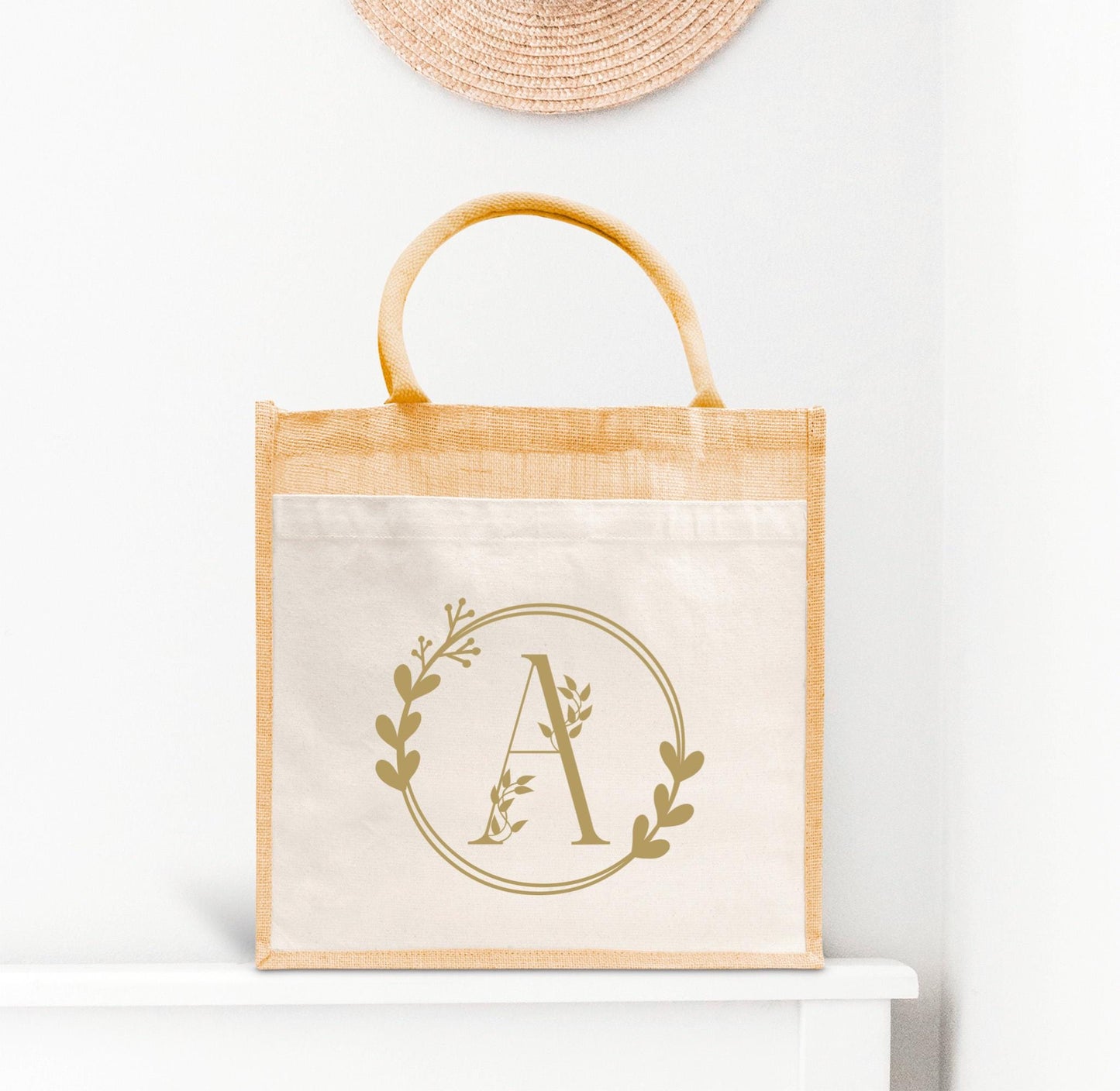 Sac en jute et coton personnalisé Lettre Florale Personnalisé, Sac toile Cabas, Sac fourre-tout, Sac initiale personnalisé, cadeau femme