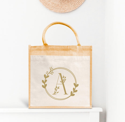 Cadeau Maîtresse Personnalisé, Cabas Jute Coton Initiale Florale, Cadeau Marraine, Sac Personnalisé Lettre