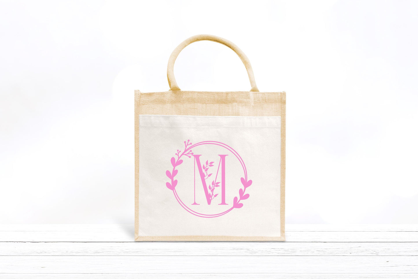 Sac en jute et coton personnalisé Lettre Florale Personnalisé, Sac toile Cabas, Sac fourre-tout, Sac initiale personnalisé, cadeau femme