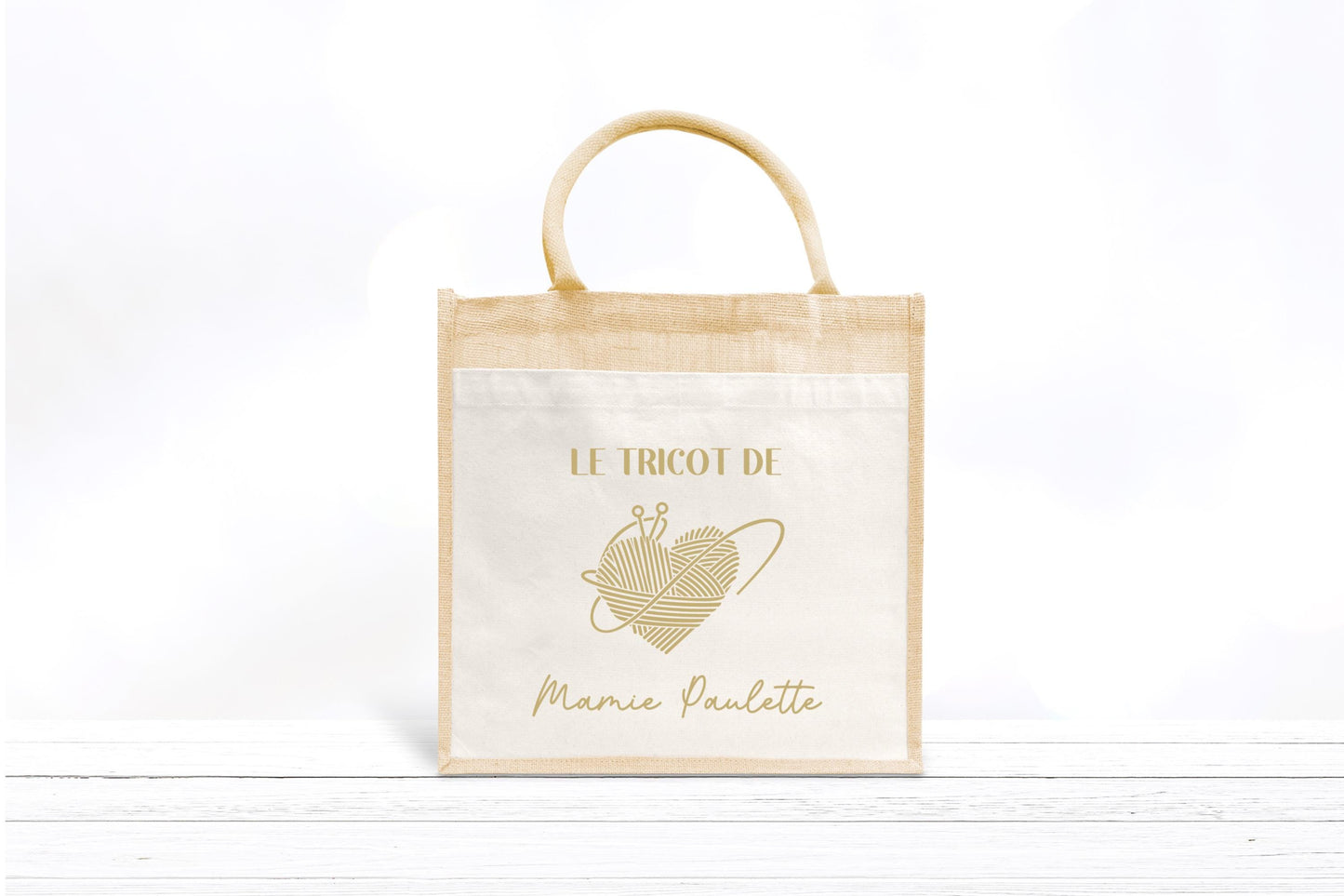Sac en jute et coton personnalisé, sac cabas personnalisé, Cadeau mamie personnalisé, Sac à tricot, Fêtes des grand mères