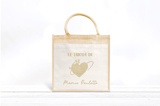 Sac cabas jute coton personnalisé, Cadeau tricoteuse, Sac à tricot laine aiguilles, Idée cadeau mamie, Fête des grands-mères