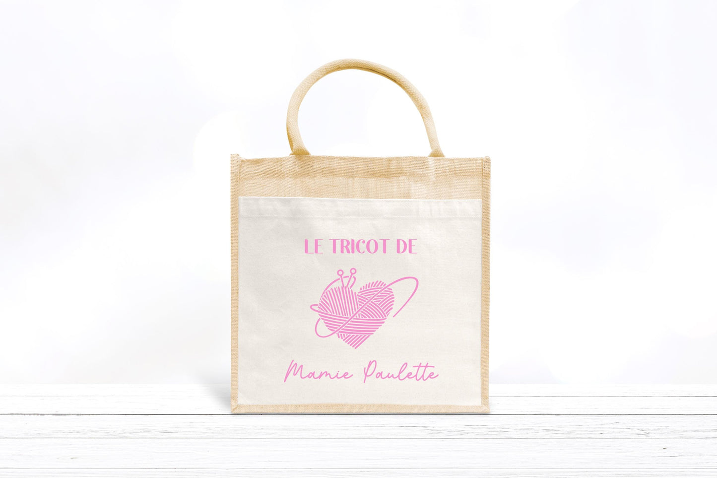 Sac en jute et coton personnalisé, sac cabas personnalisé, Cadeau mamie personnalisé, Sac à tricot, Fêtes des grand mères