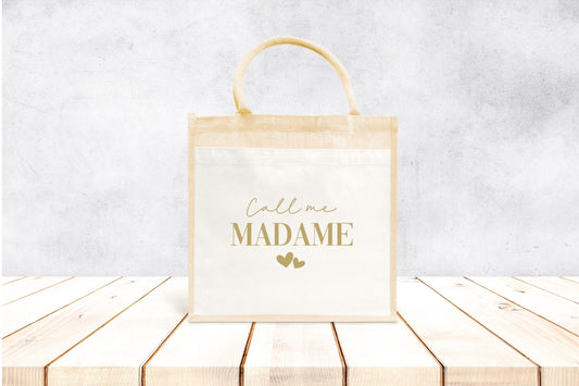Sac en jute et coton personnalisé mariage, Sac fourre-tout Appelez moi madame, Sac evjf, Sac de la mariée, Cabas personnalisé mariage
