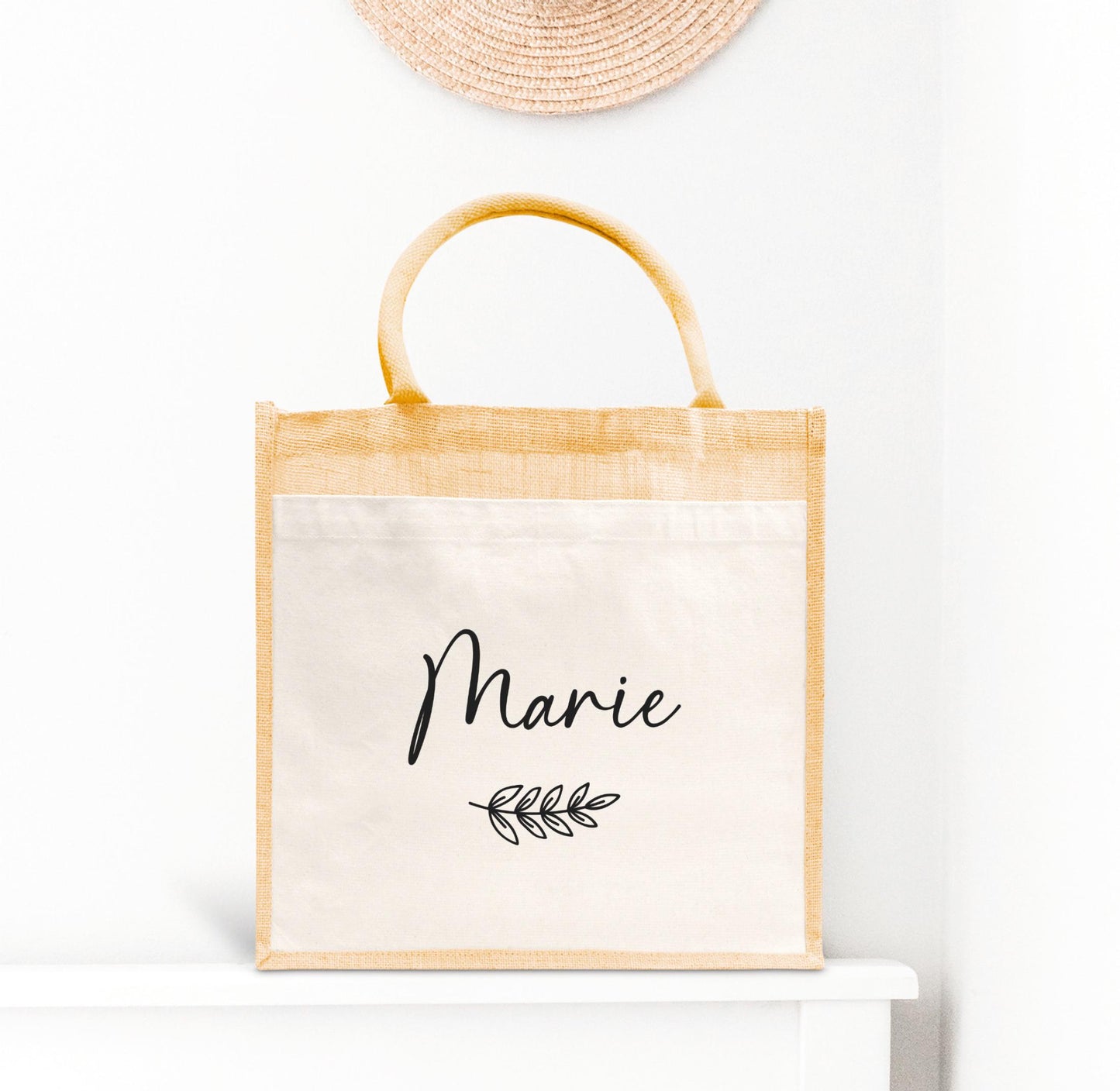 Sac prénom en jute et coton personnalisé, sac cabas personnalisé, Cabas en toile de jute, Sac personnalisé, Cadeau femme personnalisé