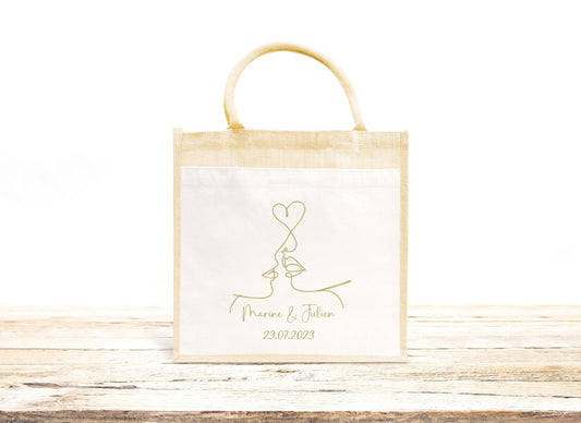 Sac en jute et coton personnalisé mariage, Sac EVJF, Sac de la mariée, Cabas personnalisé mariage