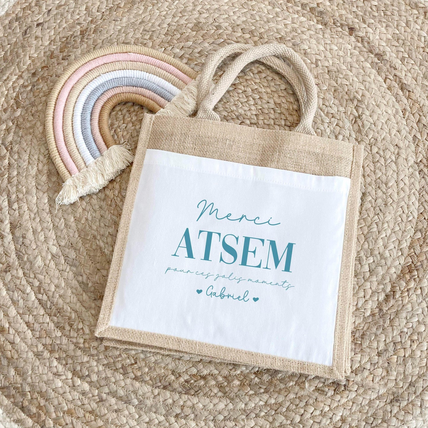 Sac en jute personnalisé, Prénom enfant, Cadeau nounou, Cadeau maîtresse, Cadeau ATSEM