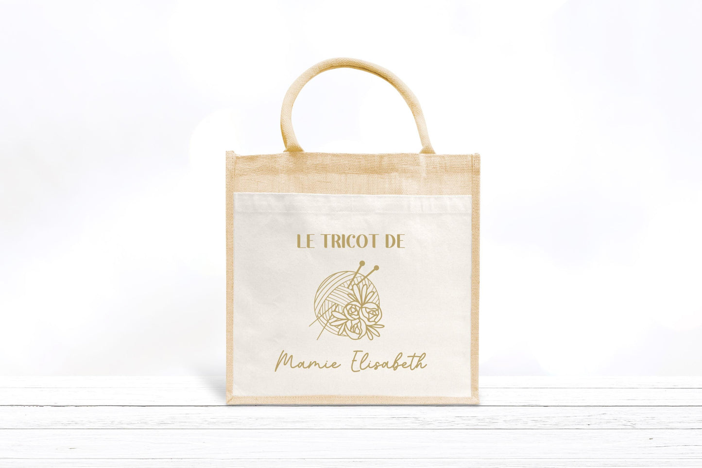 Sac en jute et coton personnalisé, sac cabas personnalisé, Cadeau mamie personnalisé, Sac à tricot, Fêtes des grand mères
