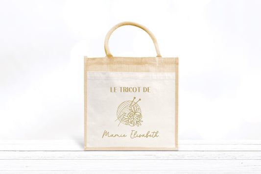 Cadeau Mamie Personnalisé Tricot, Cabas Jute Coton Le Tricot de Mamie, Cadeau Grand-Mère, Sac Tricot Prénom