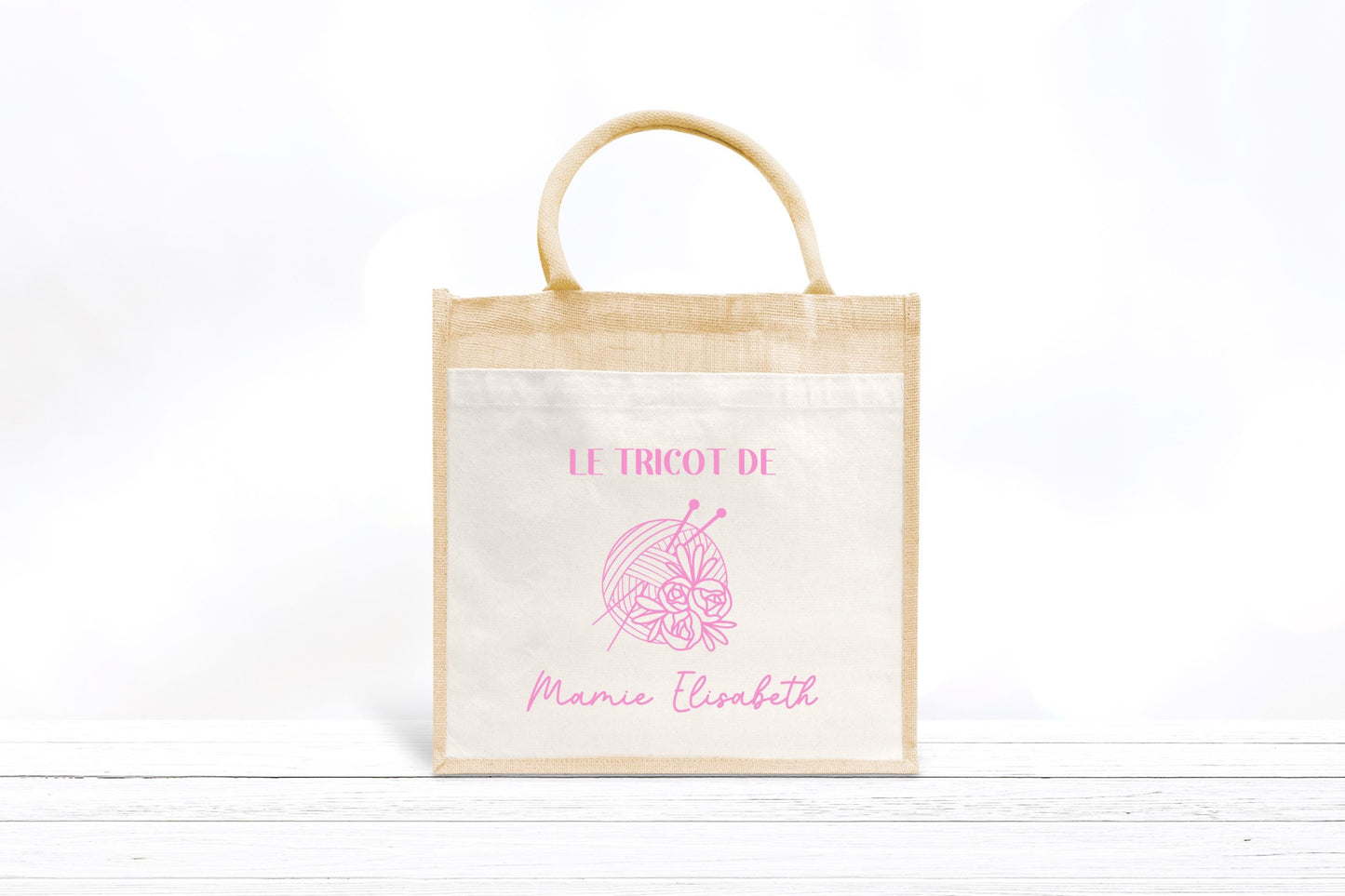 Sac en jute et coton personnalisé, sac cabas personnalisé, Cadeau mamie personnalisé, Sac à tricot, Fêtes des grand mères