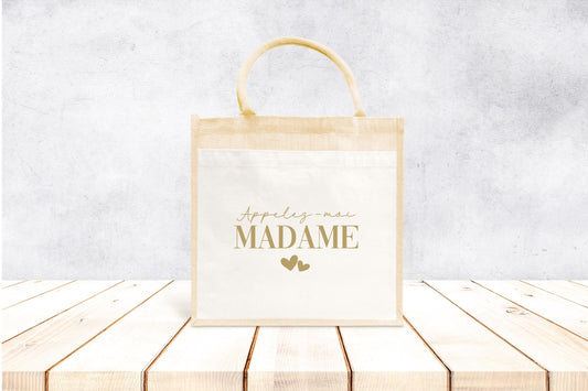 Sac en jute et coton personnalisé mariage, Sac fourre-tout Appelez moi madame, Sac evjf, Sac de la mariée, Cabas personnalisé mariage