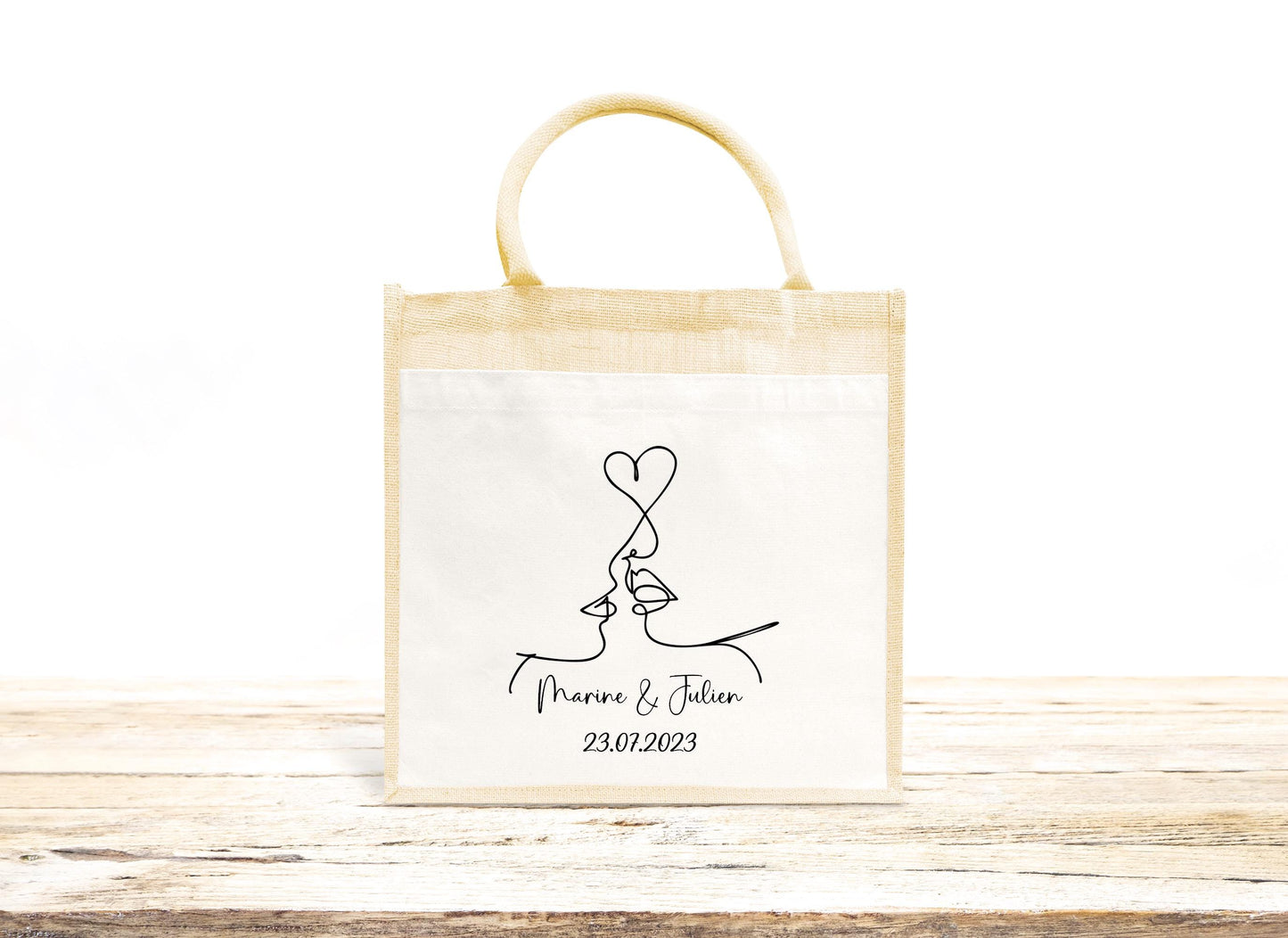Sac en jute et coton personnalisé mariage, Sac EVJF, Sac de la mariée, Cabas personnalisé mariage