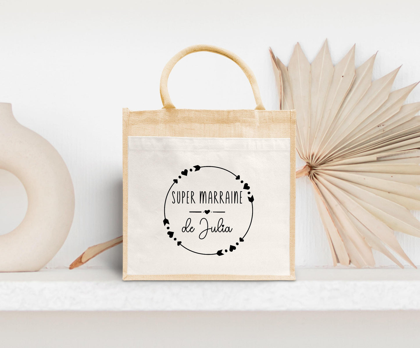 Sac en jute et coton personnalisé, sac cabas personnalisé, Cabas en toile de jute, Sac personnalisé, Cadeau Marraine