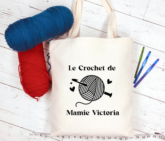 Tote bag personnalisé mamie crochet, sac rangement accessoires tricot, cadeau grand-mère, idée cadeau mamie