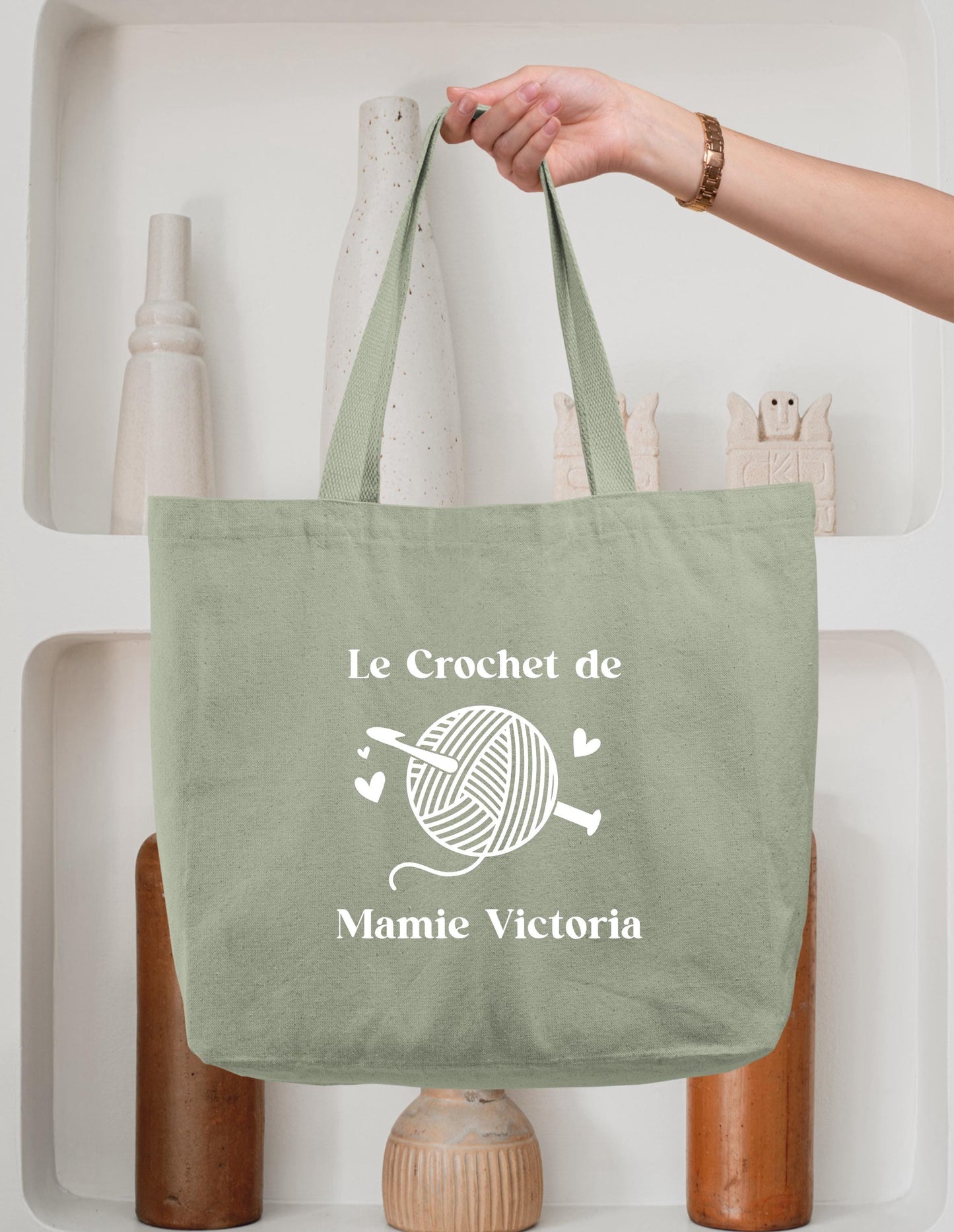 Cabas personnalisé mamie crochet, sac rangement accessoires tricot, cadeau grand-mère, idée cadeau mamie
