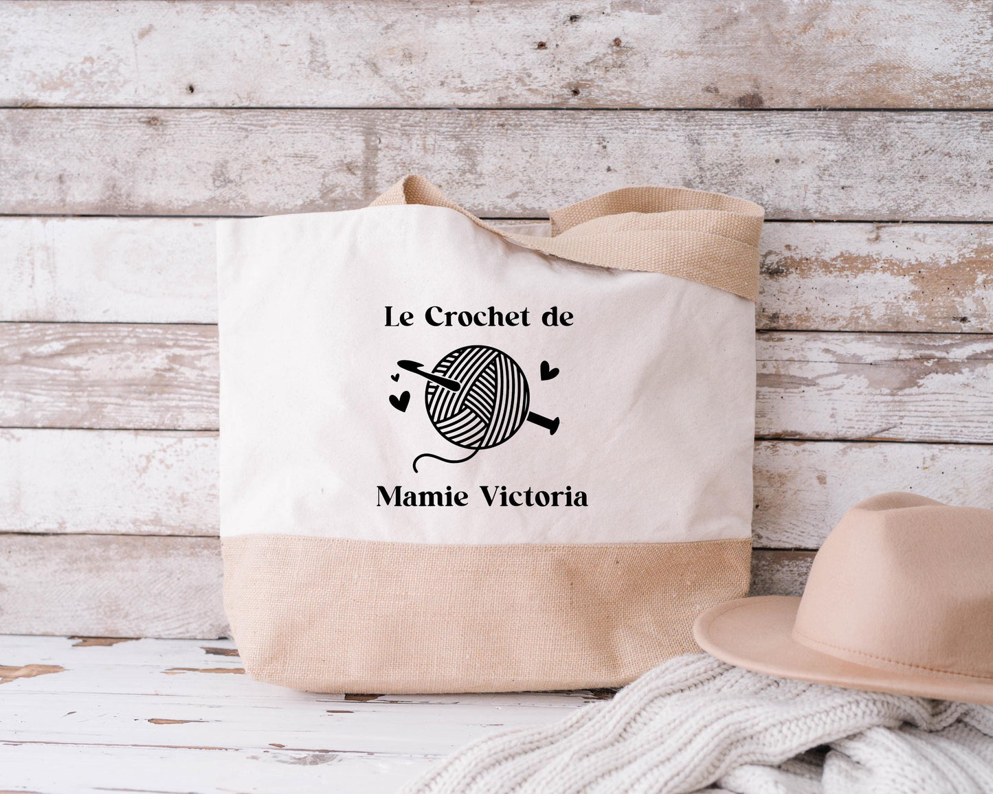 Sac en jute et coton personnalisé, sac cabas personnalisé, Cadeau mamie personnalisé, Sac à tricot, Fêtes des grand mères
