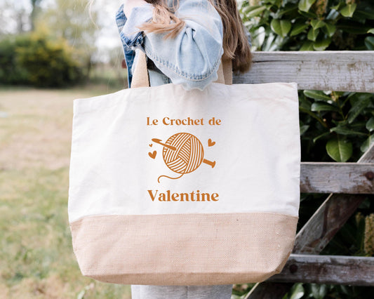 Sac en jute et coton personnalisé, sac cabas personnalisé, Cadeau mamie personnalisé, Sac à tricot, Fêtes des grand mères
