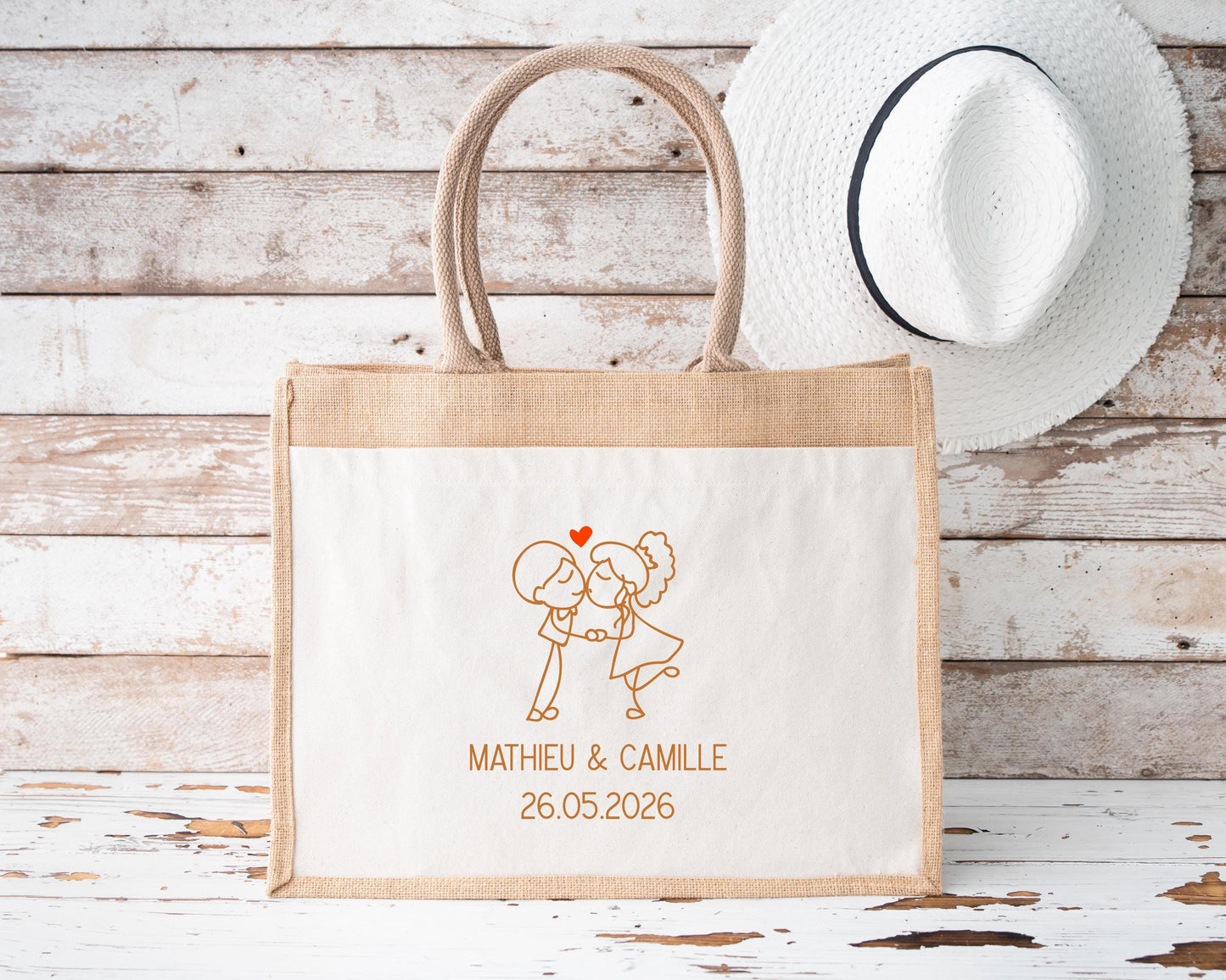 Sac en jute et coton personnalisé mariage, Sac EVJF, Sac de la mariée, Cabas personnalisé mariage