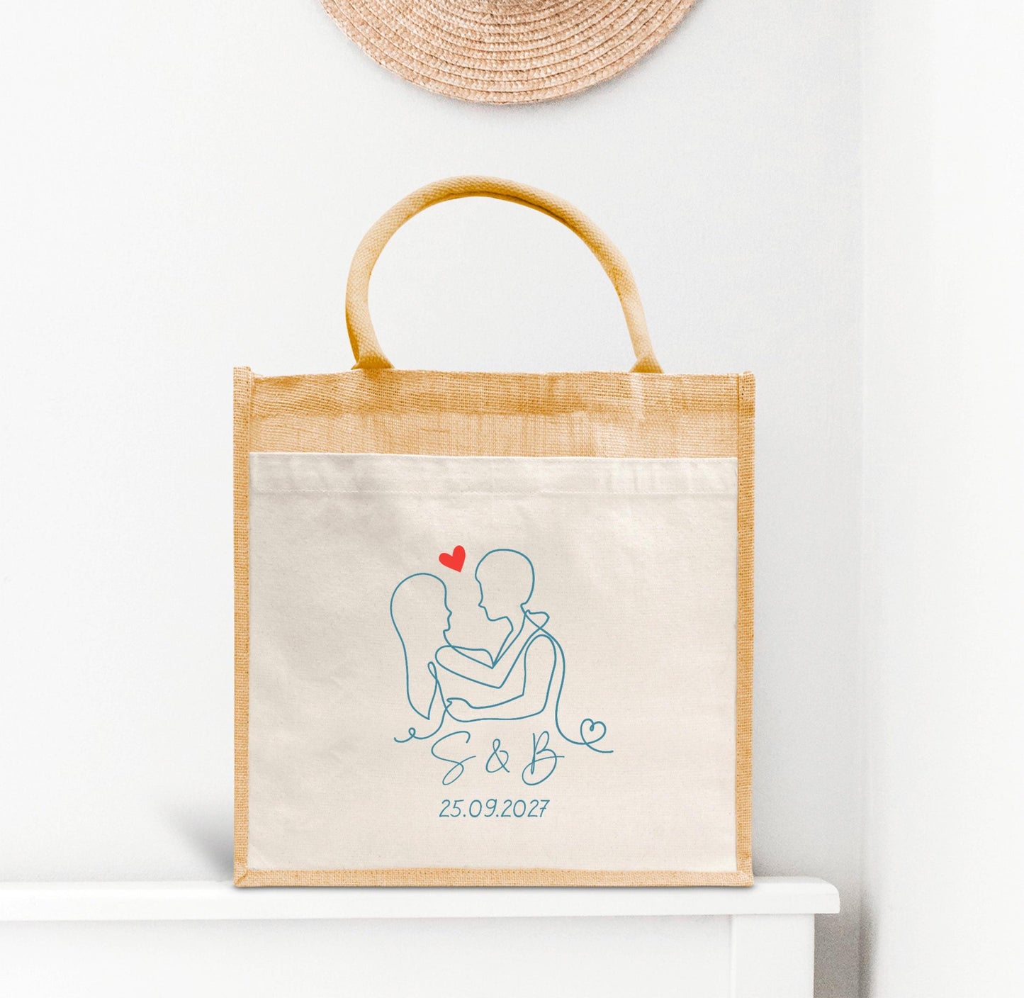 Sac en jute et coton personnalisé mariage, Sac EVJF, Sac de la mariée, Cabas personnalisé mariage
