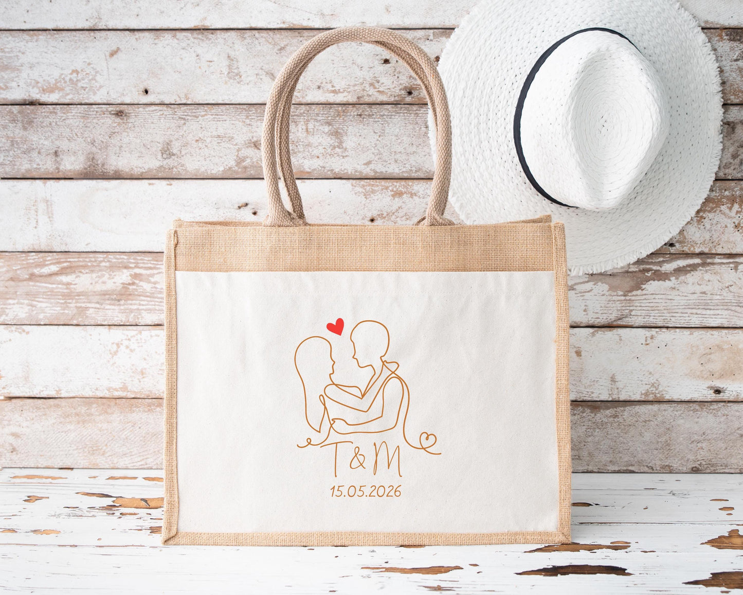 Sac en jute et coton personnalisé mariage, Sac EVJF, Sac de la mariée, Cabas personnalisé mariage