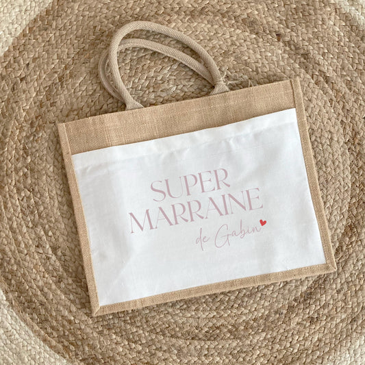 Sac en jute et coton personnalisé, Super Marraine, Sac cabas personnalisé, Sac personnalisé, Cadeau Marraine