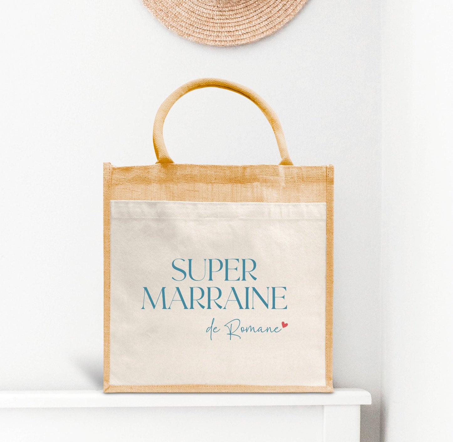 Sac en jute et coton personnalisé, Super Marraine, Sac cabas personnalisé, Sac personnalisé, Cadeau Marraine