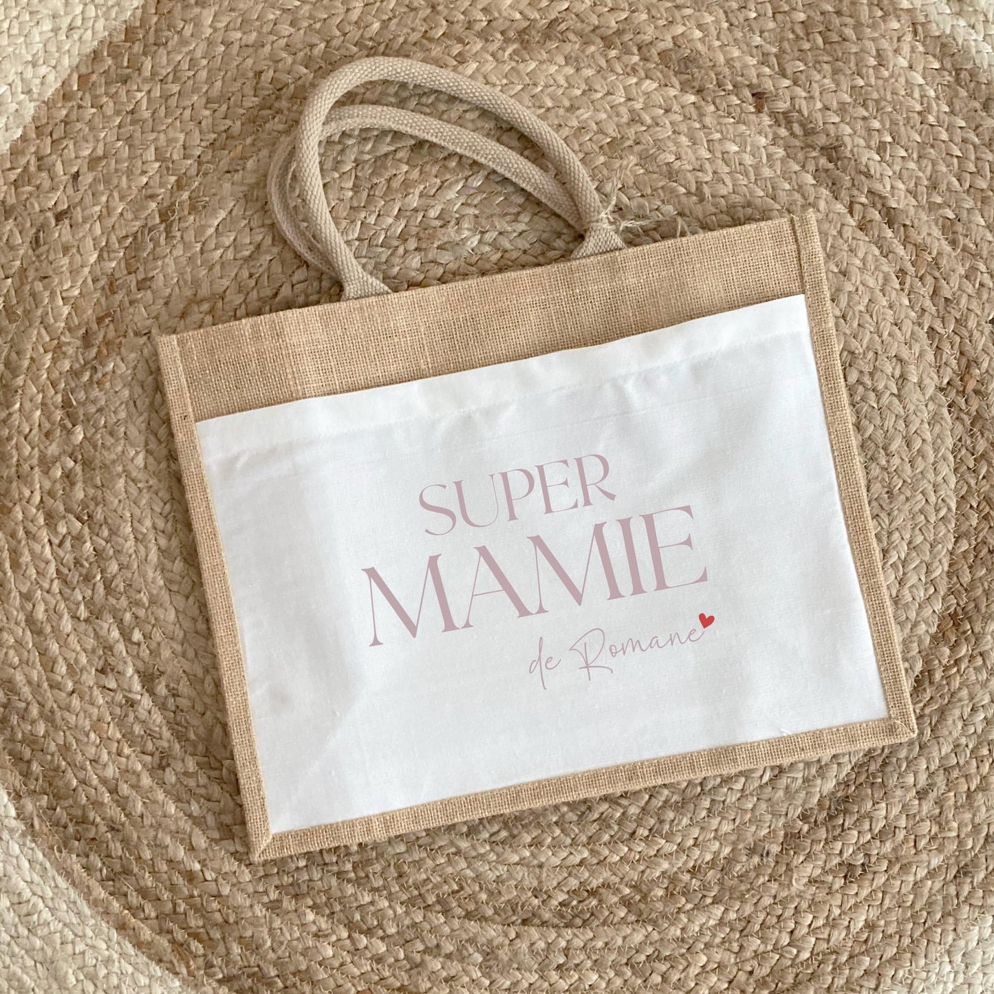 Sac en jute et coton personnalisé Super Mamie avec prénom, Cadeau grand-mère original, Sac fourre-tout personnalisé, Fête des grands-mères