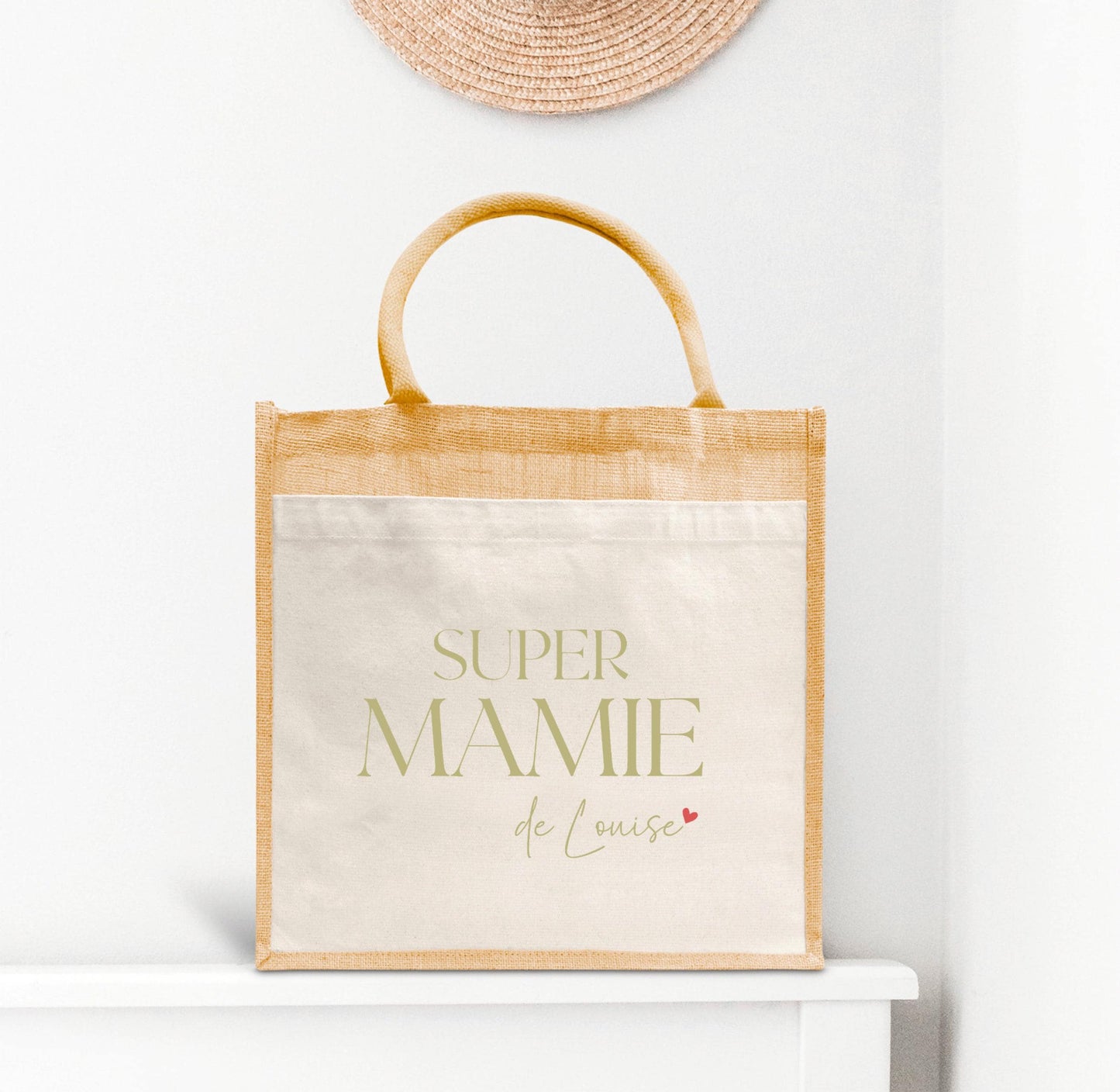 Sac en jute et coton personnalisé Super Mamie avec prénom, Cadeau grand-mère original, Sac fourre-tout personnalisé, Fête des grands-mères