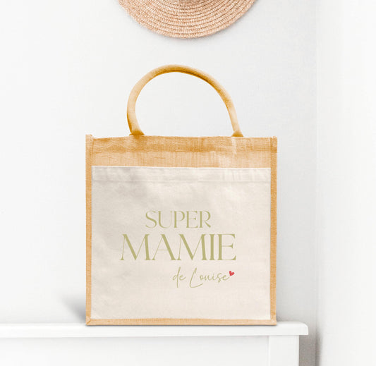 Sac en jute et coton personnalisé Super Mamie avec prénom, Cadeau grand-mère original, Sac fourre-tout personnalisé, Fête des grands-mères