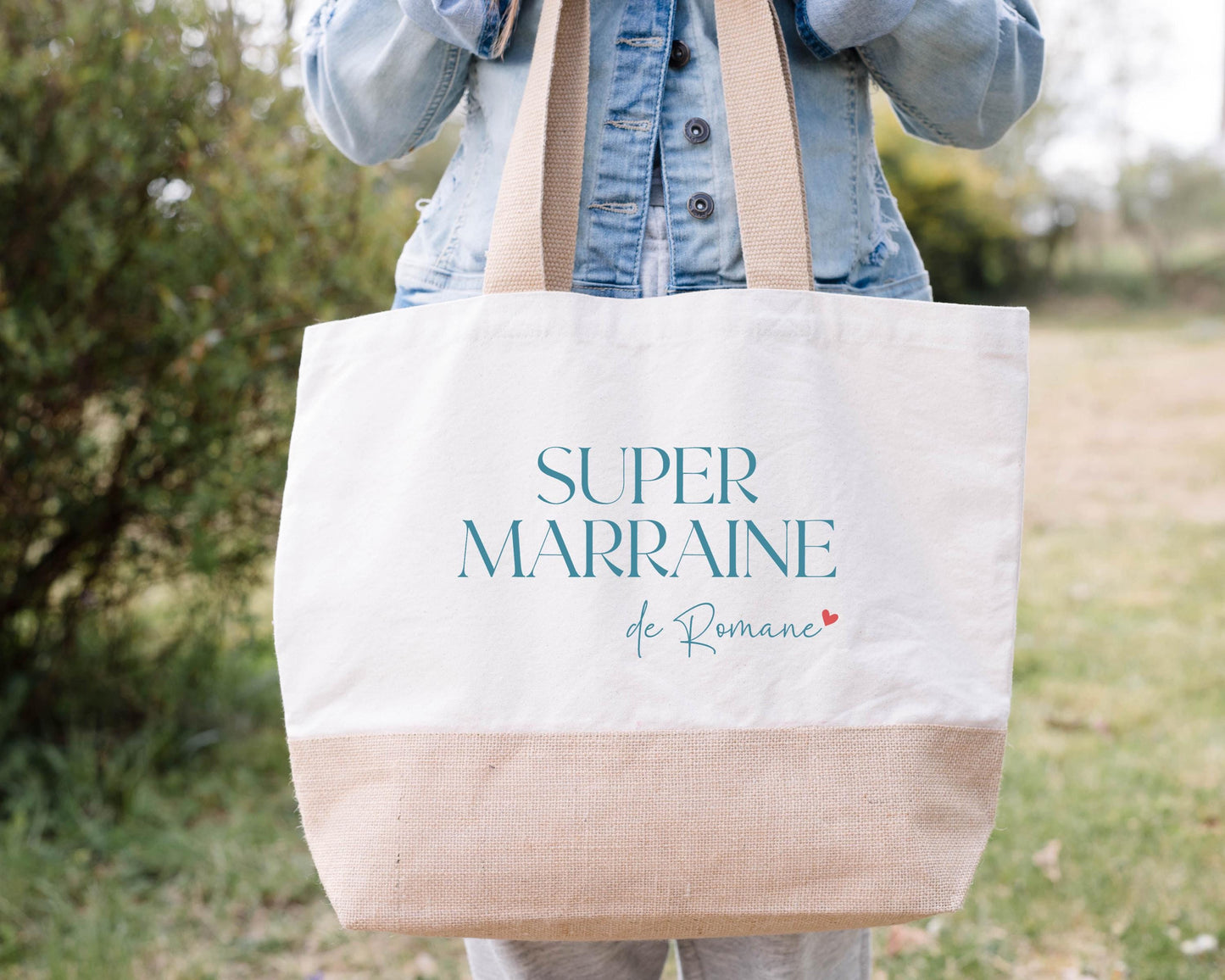 Sac en jute et coton personnalisé, sac cabas personnalisé, sac XL, grand sac personnalisable, Sac de course, Sac de plage, Cadeau Marraine