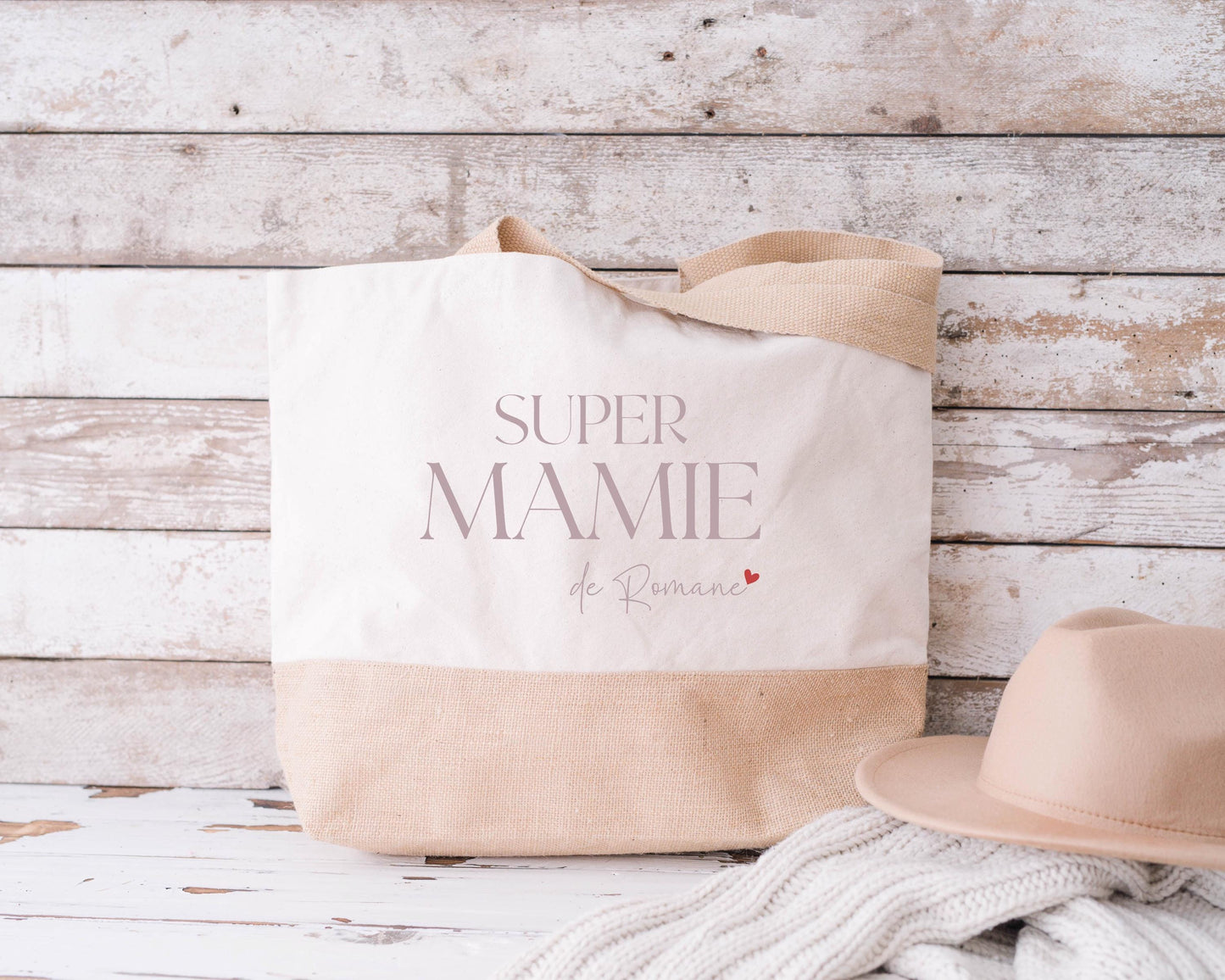 Sac en jute et coton personnalisé, sac XL, Super Mamie, Sac de course, Sac de plage, Cadeau Mamie