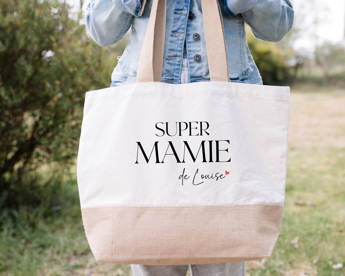 Sac en jute et coton personnalisé, sac XL, Super Mamie, Sac de course, Sac de plage, Cadeau Mamie