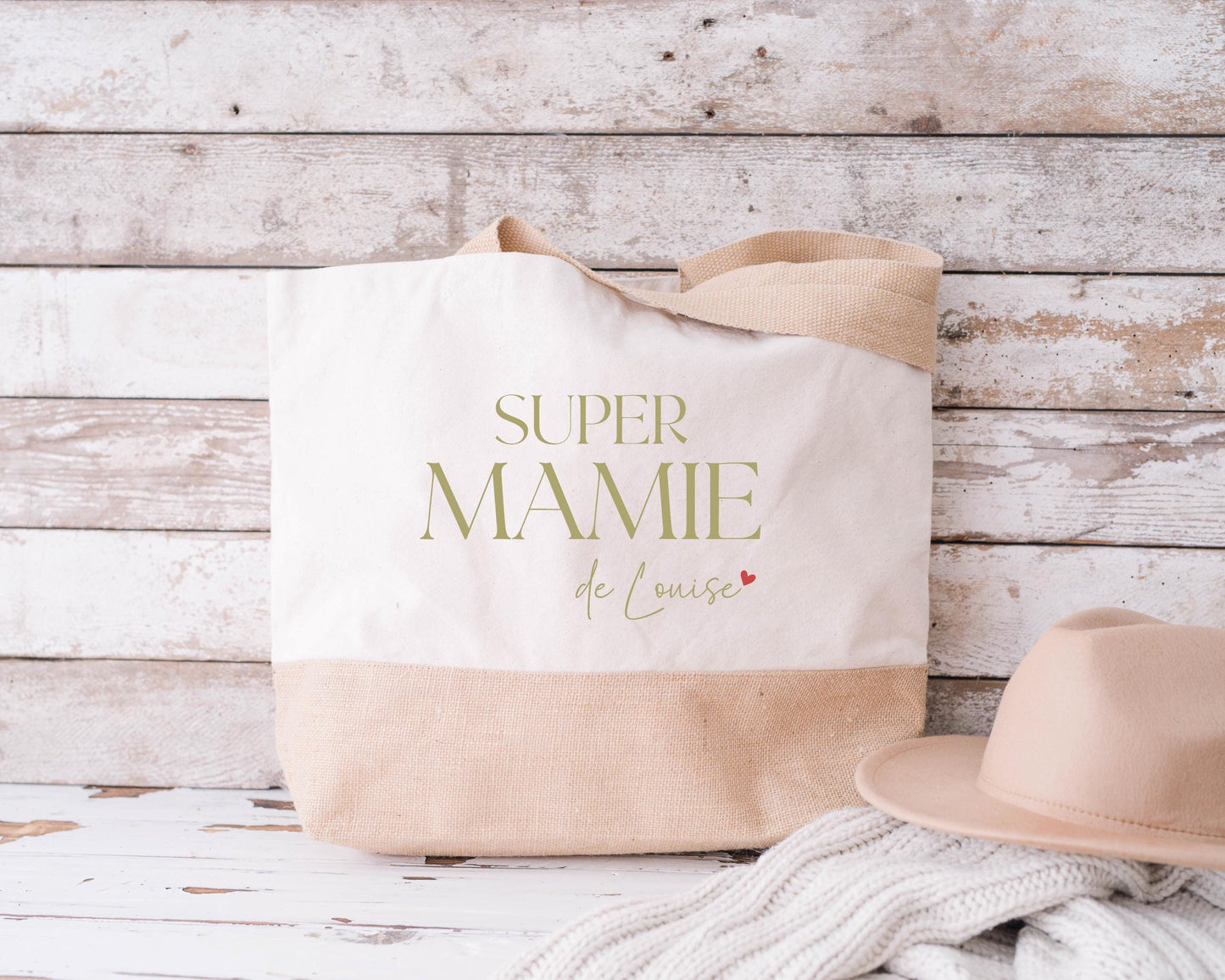 Sac en jute et coton personnalisé, sac XL, Super Mamie, Sac de course, Sac de plage, Cadeau Mamie