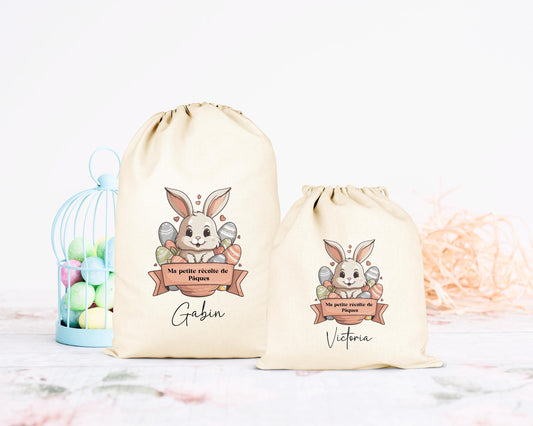 Pochon de Pâques personnalisé lapin et étoiles dorées, petit sac cadeau en coton avec prénom - Collection Pâques 2025 Mahelia Design