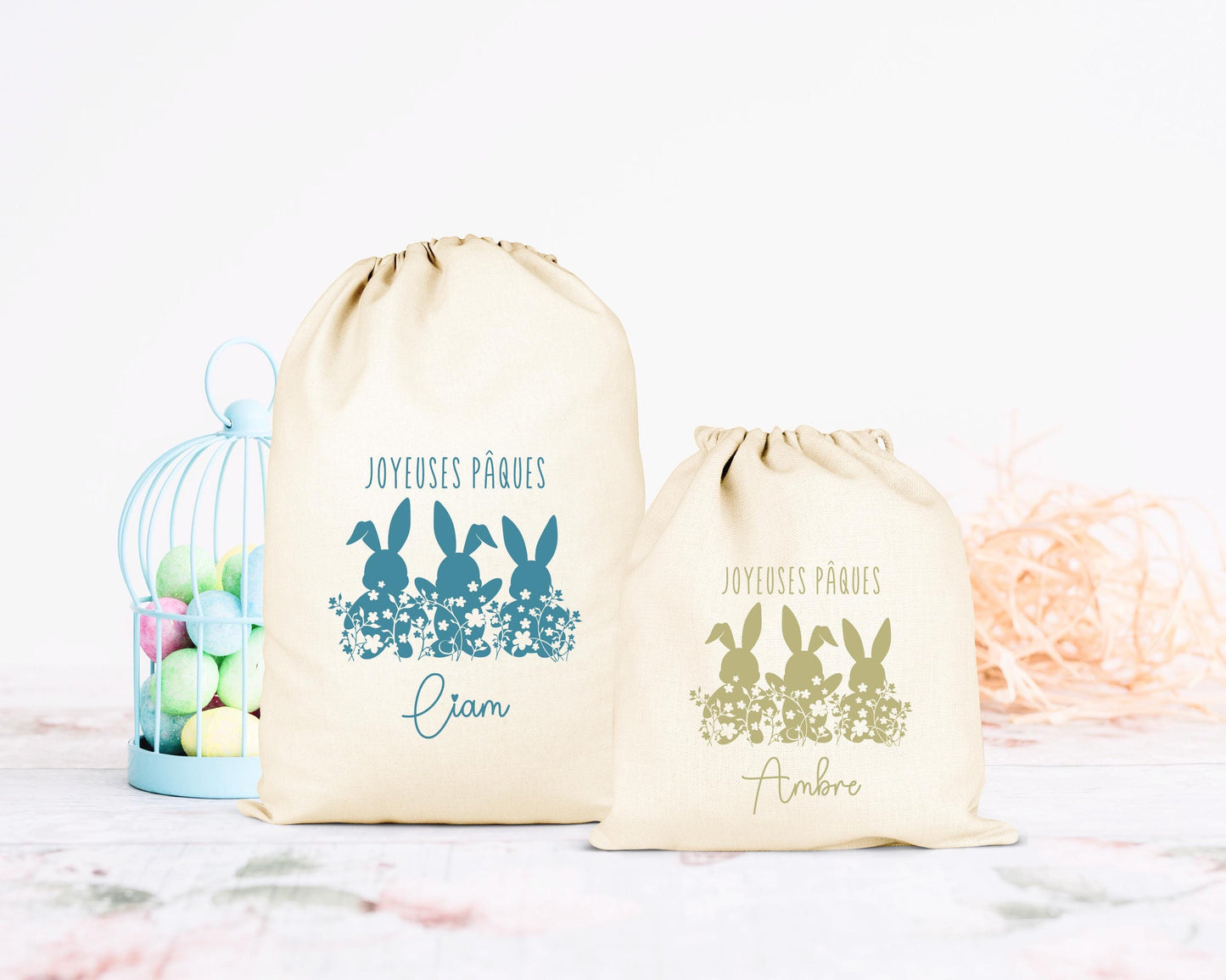 Pochon de Pâques personnalisé lapin et étoiles, petit sac cadeau en coton avec prénom - Collection Pâques 2025 Mahelia Design
