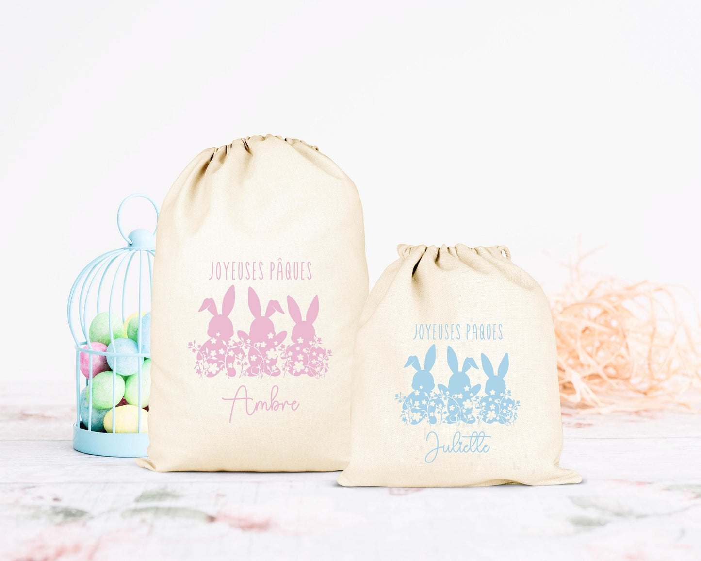 Pochon de Pâques personnalisé lapin et étoiles, petit sac cadeau en coton avec prénom - Collection Pâques 2025 Mahelia Design