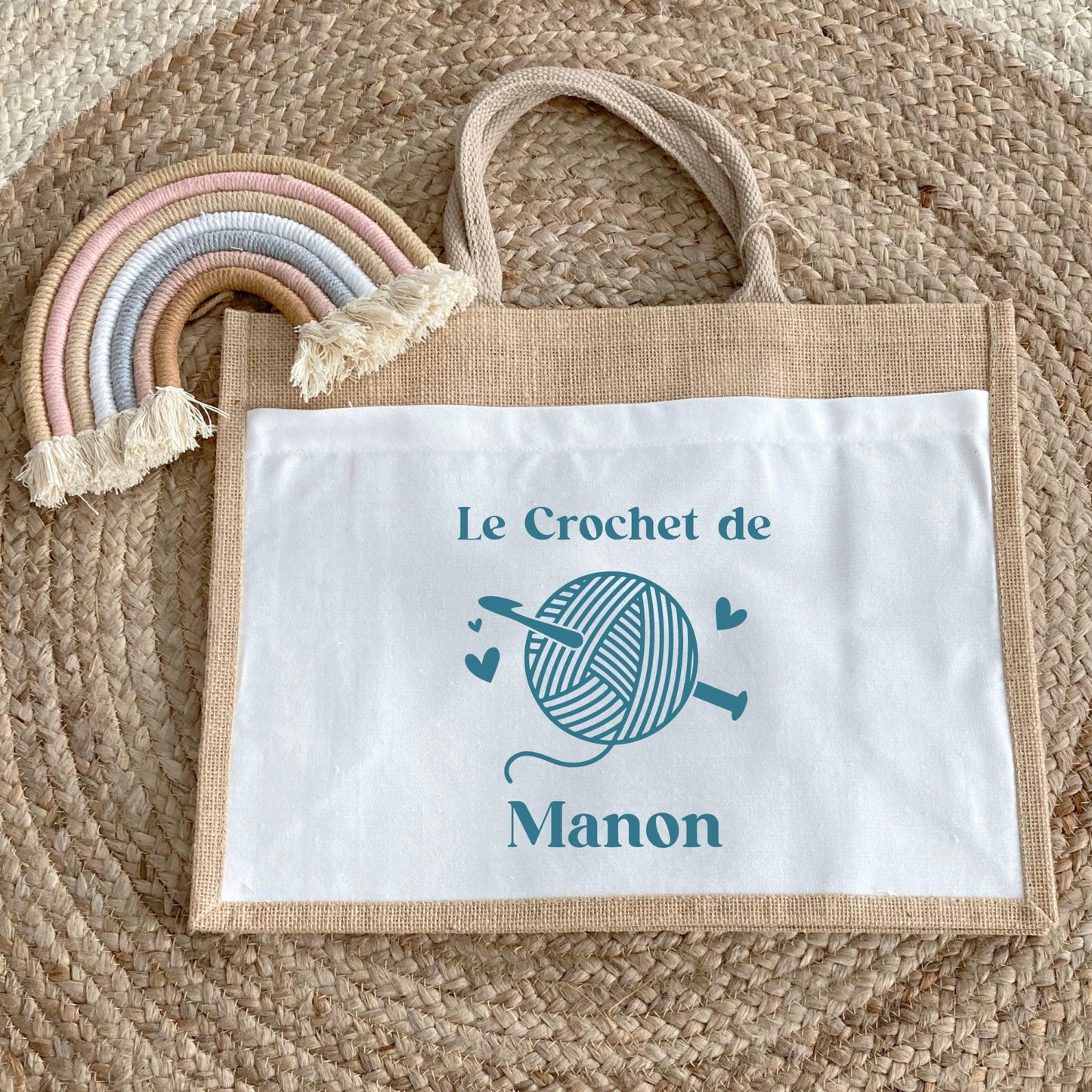 Sac en jute et coton personnalisé, sac cabas personnalisé, Cadeau mamie personnalisé, Sac à crochet, Fêtes des grand mères