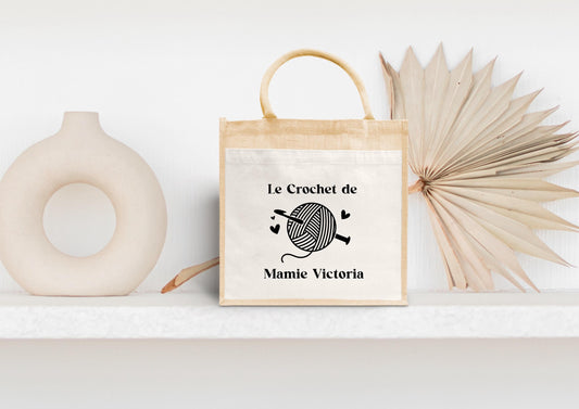 Sac en jute et coton personnalisé, sac cabas personnalisé, Cadeau mamie personnalisé, Sac à crochet, Fêtes des grand mères