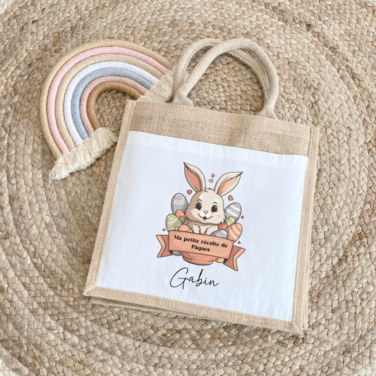 Cabas Pâques personnalisé motif lapin et étoiles dorées, grand sac chasse aux œufs en jute naturel enfant - Collection Pâques 2025 Mahelia Design