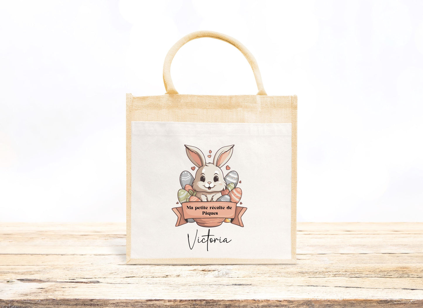 Cabas Pâques personnalisé motif lapin et étoiles dorées, grand sac chasse aux œufs en jute naturel enfant - Collection Pâques 2025 Mahelia Design