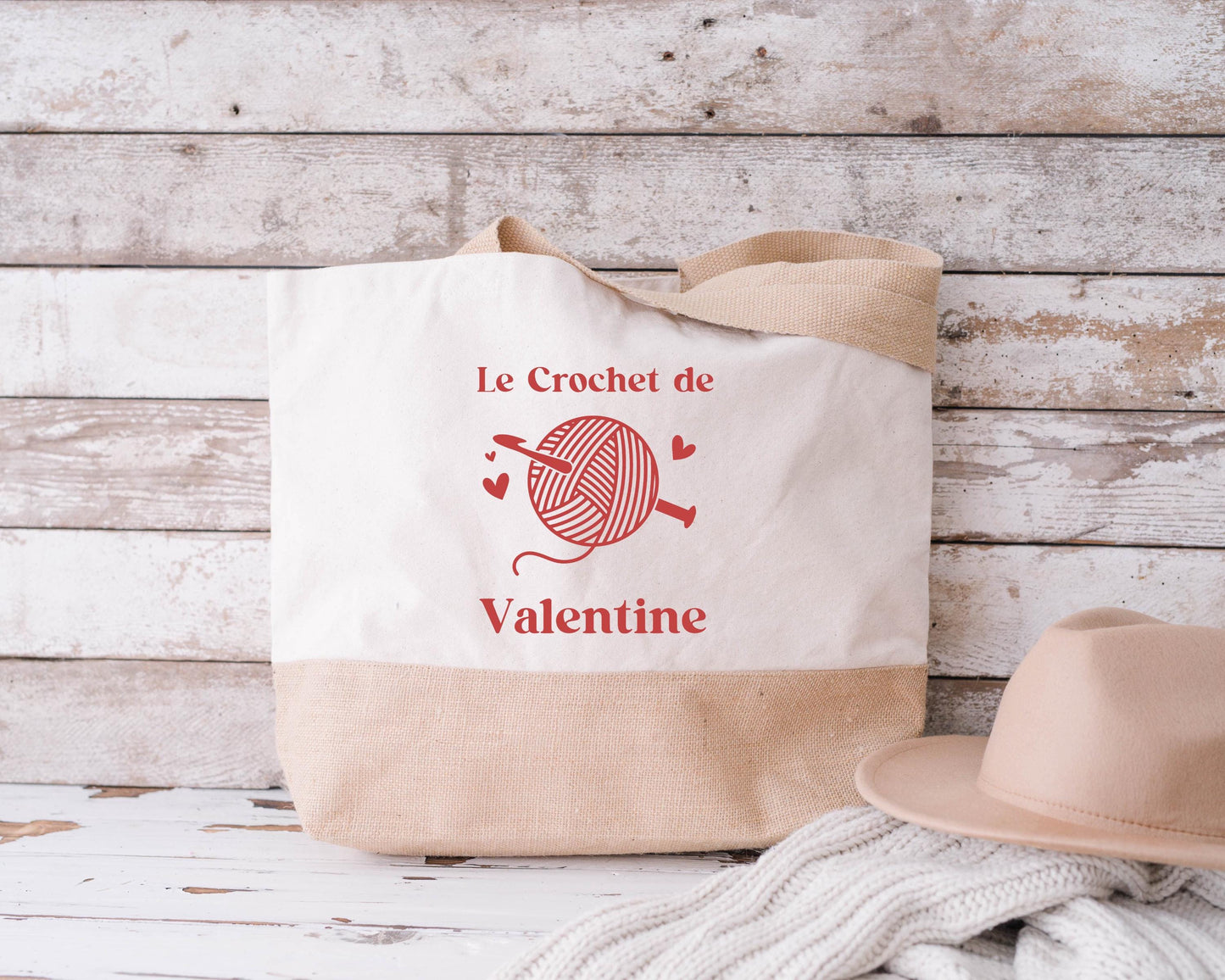 Sac en jute et coton personnalisé, sac cabas personnalisé, Cadeau mamie personnalisé, Sac à tricot, Fêtes des grand mères