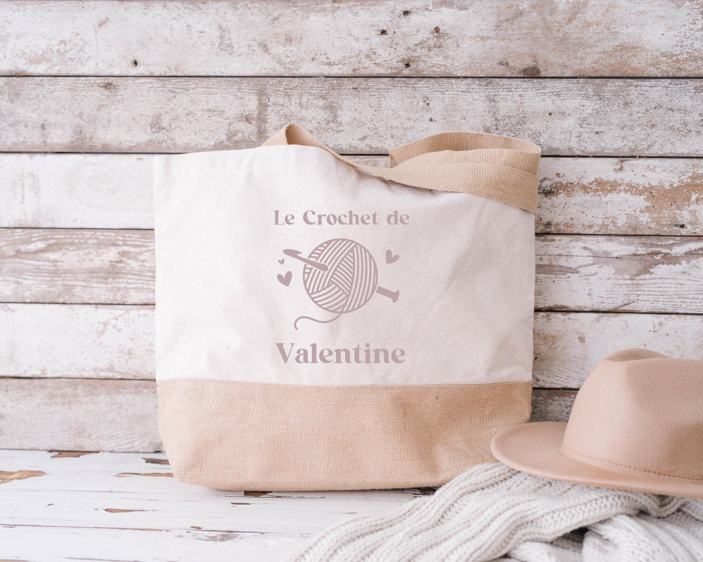 Sac en jute et coton personnalisé, sac cabas personnalisé, Cadeau mamie personnalisé, Sac à tricot, Fêtes des grand mères