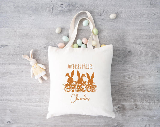 Cabas Pâques personnalisé motif lapin et étoiles, grand sac chasse aux œufs en jute naturel enfant - Collection Pâques 2025 Mahelia Design