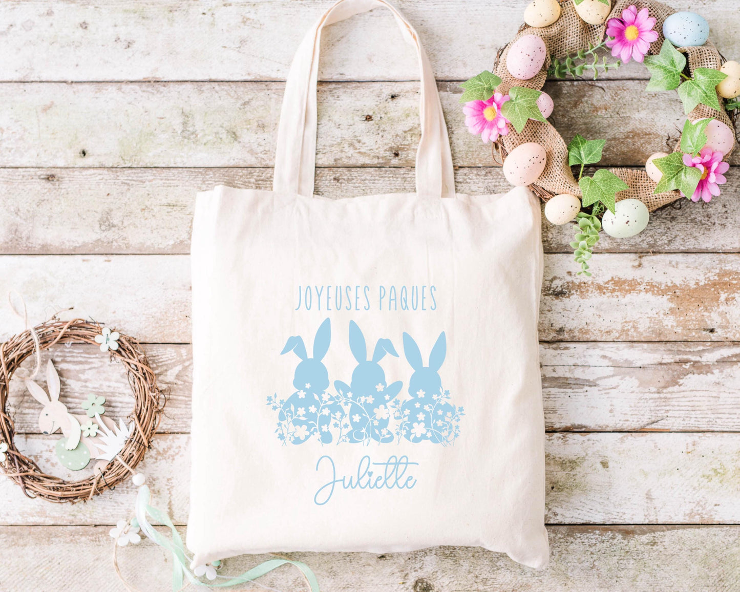Cabas Pâques personnalisé motif lapin et étoiles, grand sac chasse aux œufs en jute naturel enfant - Collection Pâques 2025 Mahelia Design
