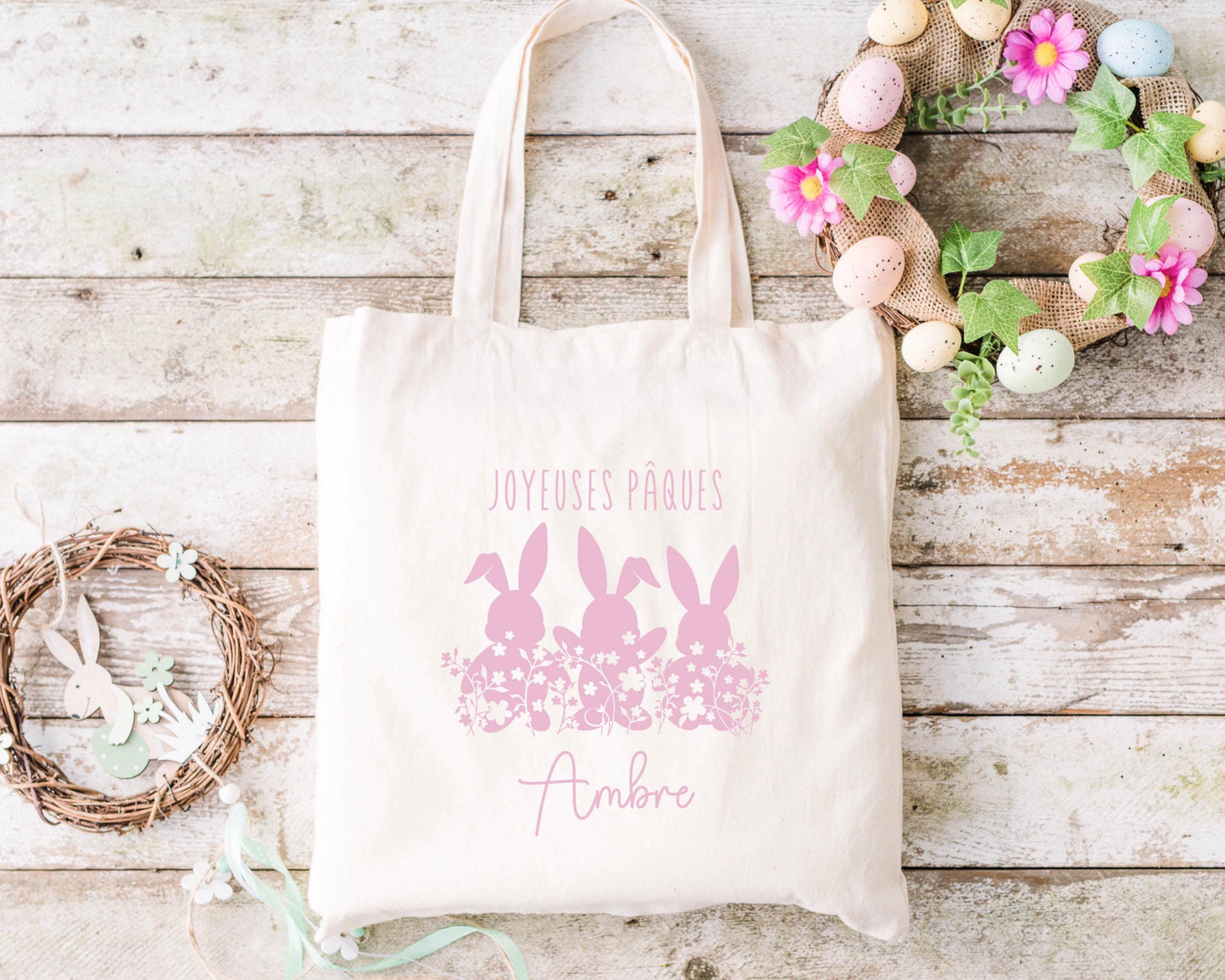 Cabas Pâques personnalisé motif lapin et étoiles, grand sac chasse aux œufs en jute naturel enfant - Collection Pâques 2025 Mahelia Design