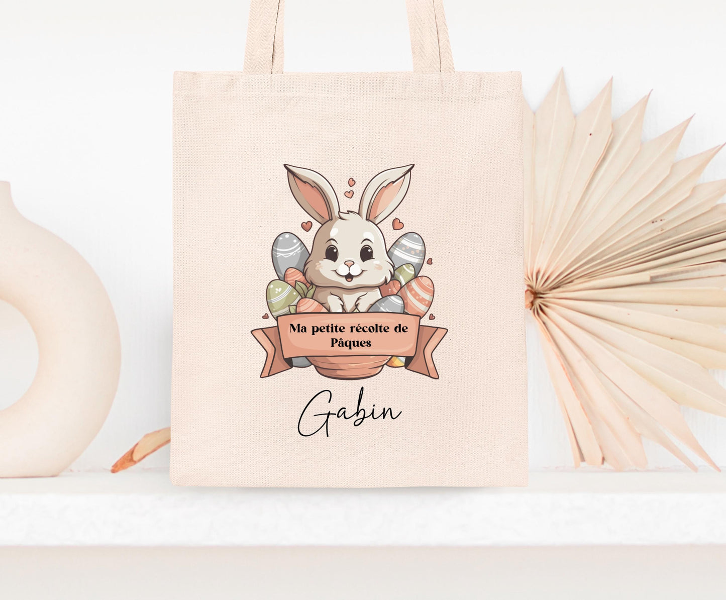 Mini tote bag Pâques personnalisé lapin et étoiles dorées, petit sac chasse aux œufs en jute naturel avec prénom - Collection Pâques 2025 Mahelia Design