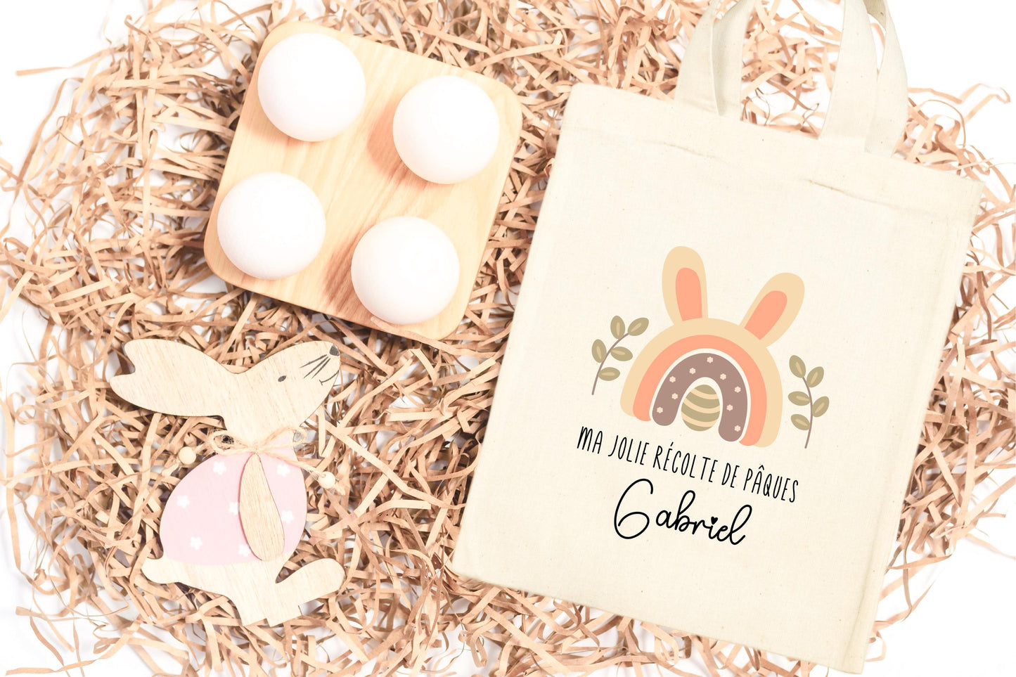 Mini tote bag Pâques personnalisé lapin et couronne florale, petit sac chasse aux œufs en jute naturel avec prénom - Collection Pâques 2025 Mahelia Design