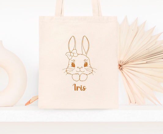 Mini tote bag Pâques personnalisé lapin et cœurs, petit sac chasse aux œufs en jute naturel avec prénom - Collection Pâques 2025 Mahelia Desig