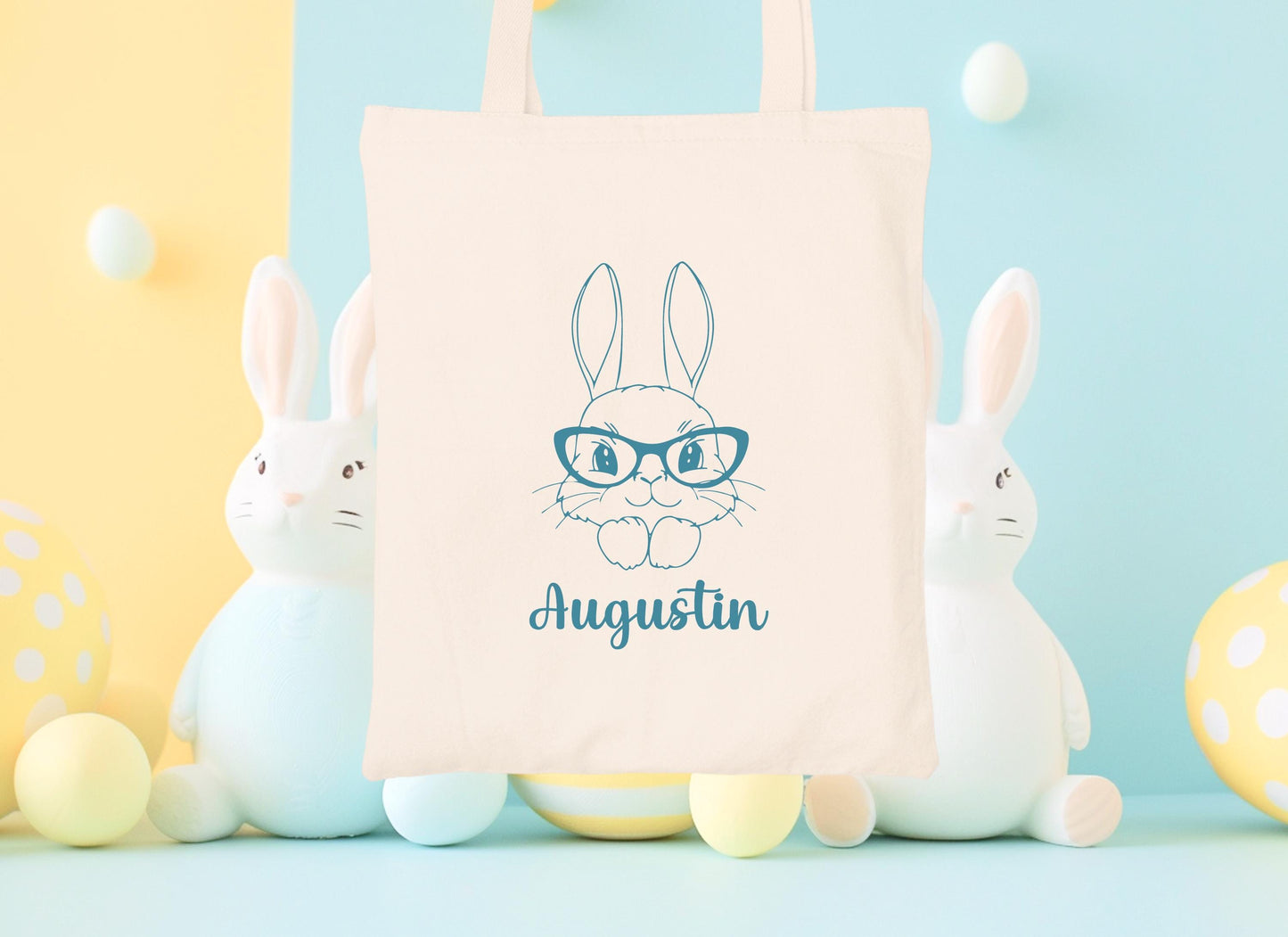 Mini tote bag Pâques personnalisé lapin et fleurs roses, petit sac chasse aux œufs en jute naturel avec prénom - Collection Pâques Mahelia Design