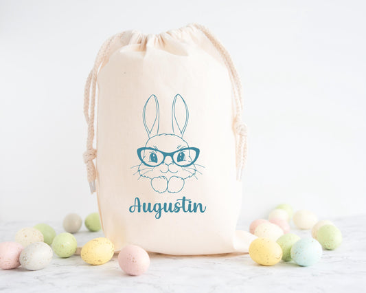 Pochon de Pâques personnalisé lapin et fleurs roses, petit sac cadeau en coton avec prénom - Collection Pâques Mahelia Design